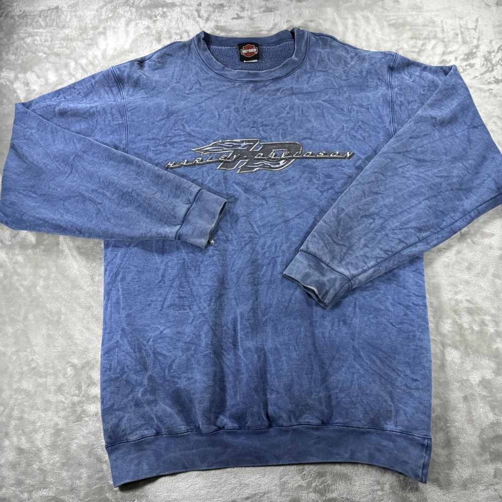 Vintage Harley-Davidson Blue Crewneck Sweatshirt Embroidered Logo Large USA